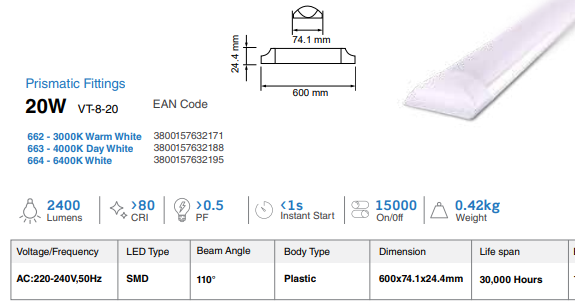 LED BATTEN 20WATT 600mm SAMSUNG 5 YEAR WARRANTY