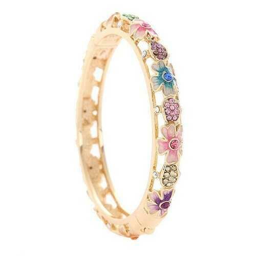 Cloisonn 18K Gold Plated Rhinestone Flower Enamel Bangle Bracelet