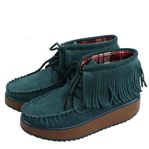 Pure Color Tassel Leather Lace Up Ankle Platform Boots