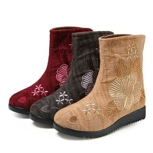 Embroidered Flower Fur Lining Cotton Ankle Boots For Women