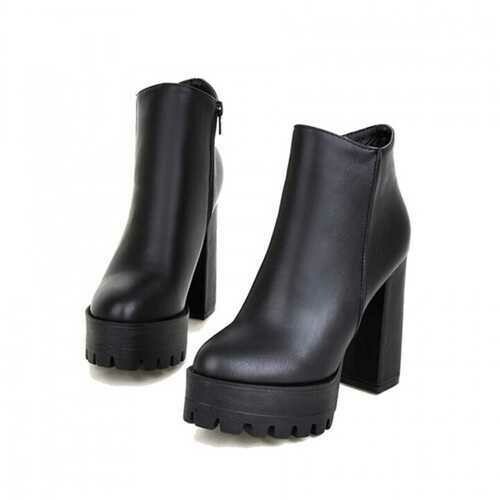 Women Casual Platform High Heel Ankle Boots Fashion Faux Leather Shoes Black Zipper Boots