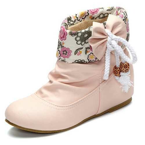 US Size 5-12 Floral Bowknot Slip On Ankle Short Boots