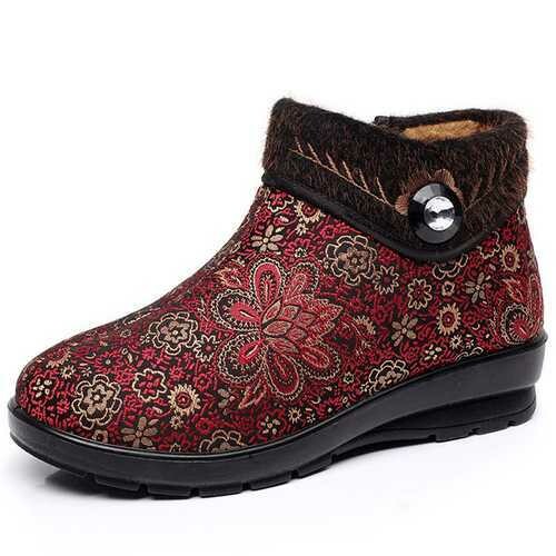 Floral Zipper Artificial Fur Lining Warm Ankle Short Snow Boots For Women