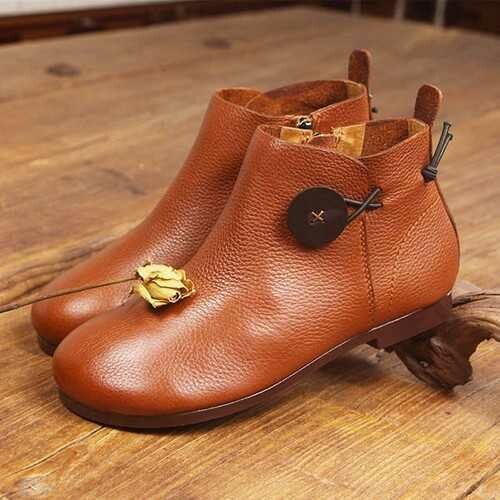 Leather Short Boots Women Casual Outdoor Soft Slip On Flat Shoes
