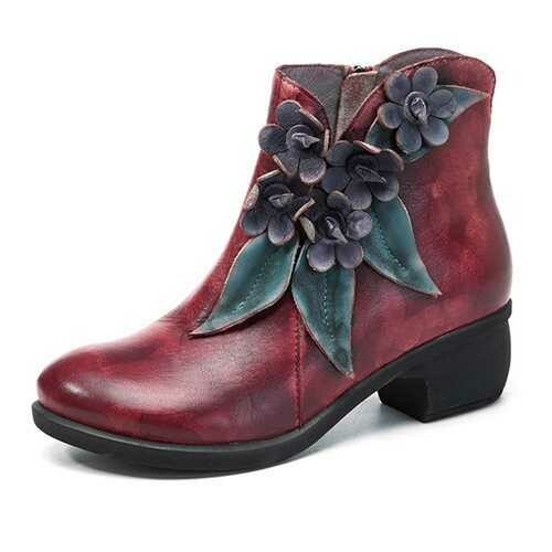 SOCOFY Genuine Leather Flower Leather Boots