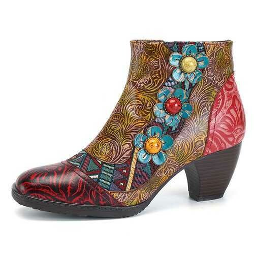 SOCOFY Shoes Women Floral Leather Boots