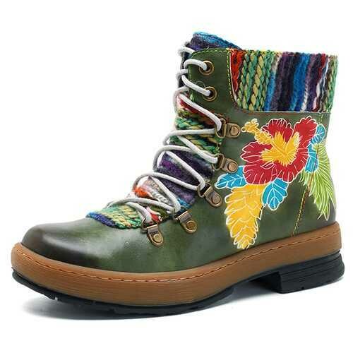 SOCOFY Handmade Pattern Ankle Flat Leather Boots