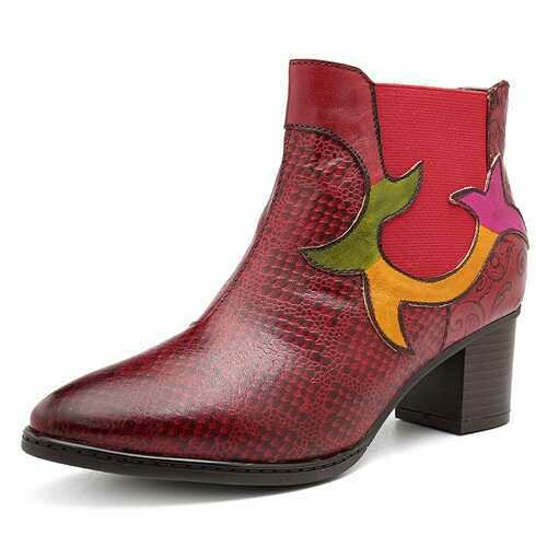 SOCOFY Retro Splicing Genuine Leather Ankle Boots