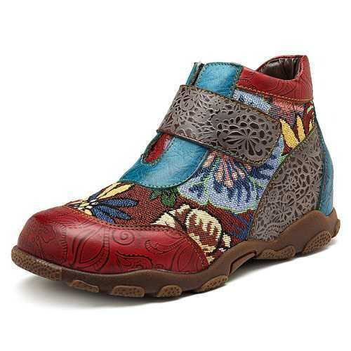 SOCOFY Women Retro Splicing Pattern Leather Ankle Boots