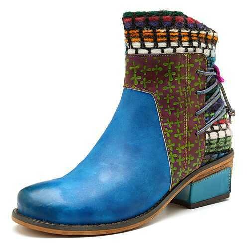 SOCOFY Women Handmade Weave Ankle Boots