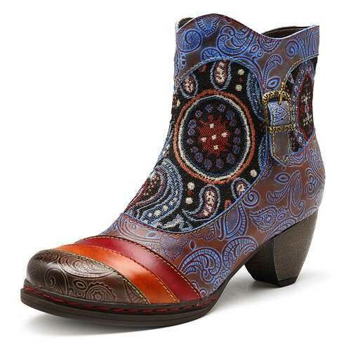 SOCOFY Jacquard Splicing Pattern Genuine Leather Ankle Boots