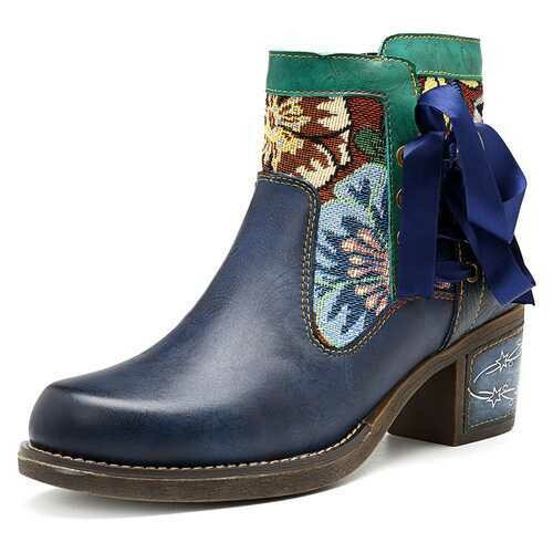 SOCOFY Floral Pattern Leather  Boots