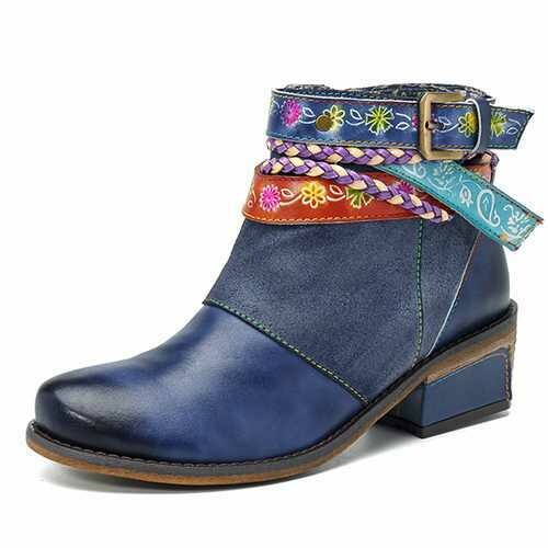 SOCOFY Handmade Weaving Strap Ankle Leather Boots