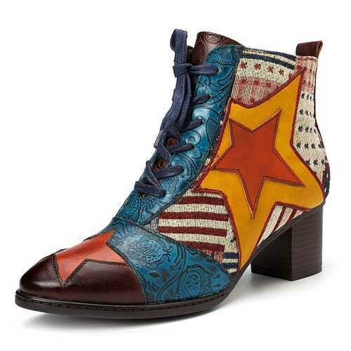 SOCOFY Splicing Star Zipper Ankle Genuine Leather Boots