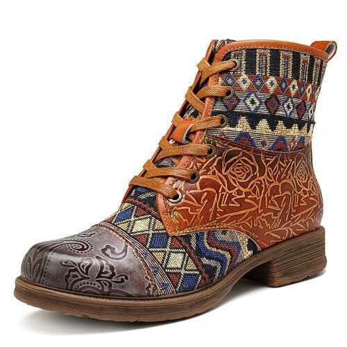 SOCOFY Splicing Zipper Lace Up Ankle Boots