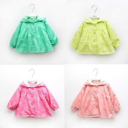 Kid Baby Girl Spring Autumn Button Hooded Coat Bow Print Long Sleeve Jacket Windbreaker Outfit