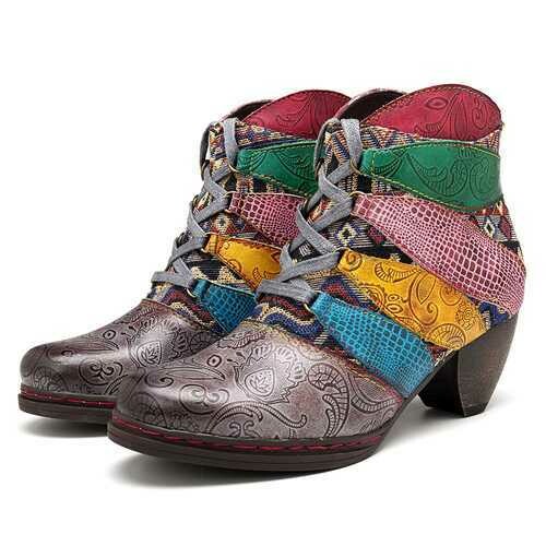 SOCOFY Genuine Leather Jacquard Lace Up Zipper Ankle Boots
