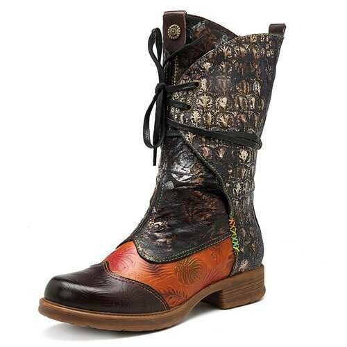 SOCOFY Retro Splicing Pattern Lace Up Genuine Leather Boots