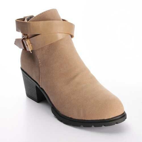 Women Buckle Strap Faux Suede Block Mid Heel Ankle Boot