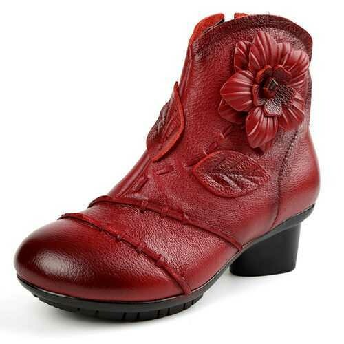 SOCOFY Vintage Handmade Floral Pattern Zipper Ankle Leather Boots
