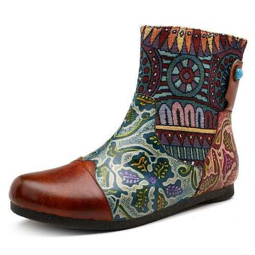 SOCOFY Handmade Color Match Pattern Leather Ankle Boots