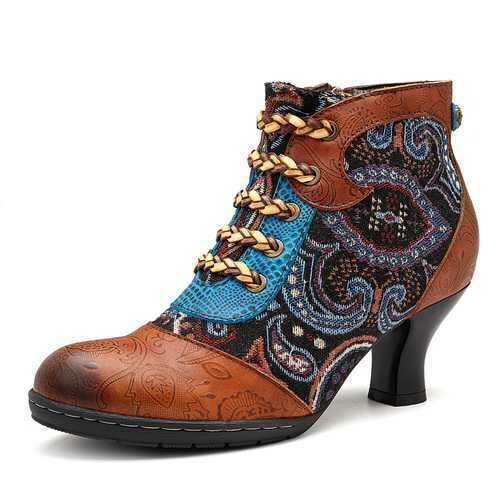 SOCOFY Zipper Lace Up Ankle Leather Boots