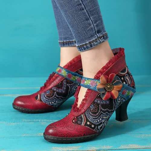 SOCOFY Vintage Lace Hook Loop Genuine Leather Ankle Boots
