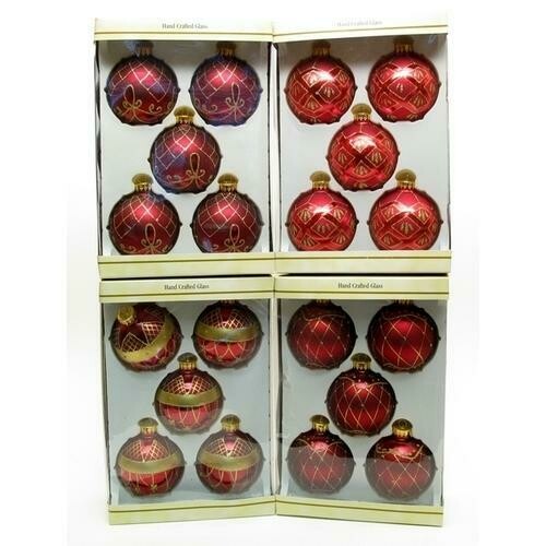 Glass Ball Ornament 5pc Set Burgundy with DiamondNet Design 4 Asst Sets Price EACH