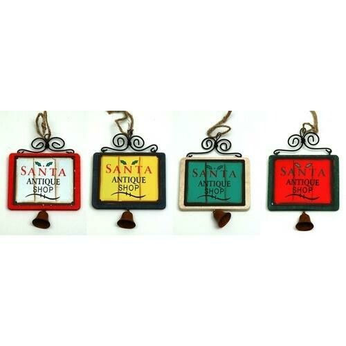 WoodMetal Sign Ornaments with Bell Set of Four