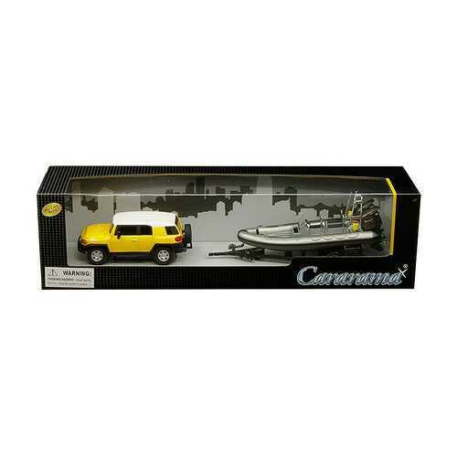 Toyota FJ Cruiser Yellow with White Top and Gray Speed Boat with Trailer 1/43 Diecast Model Car by Cararama
