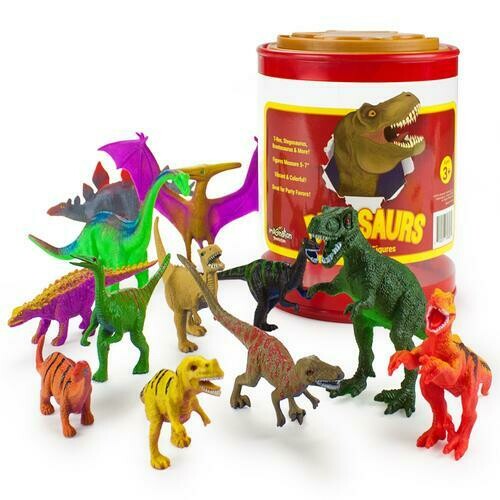 Set of 12 Large 7&quot; Dinosaur Toys with Storage Drum