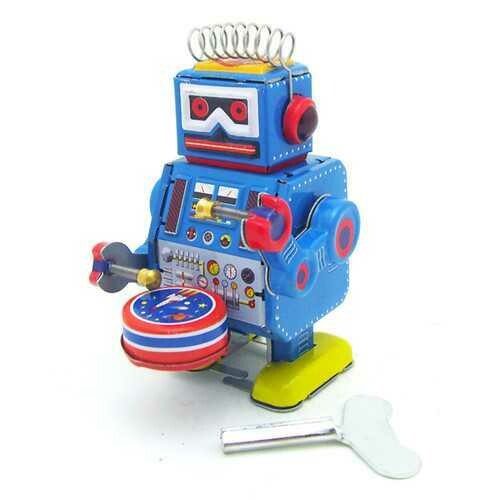 Classic Vintage Clockwork Wind Up Drum Playing Robot  Reminiscence Children Kids Tin Toys With Key