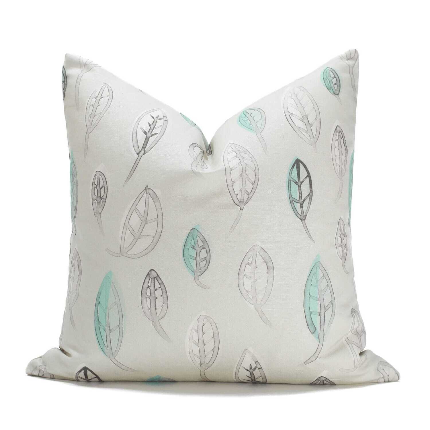 Linen Cotton Decorative Pillow - Pillow in Leaves | Winter Blues Pattern - Handcrafted Montreal