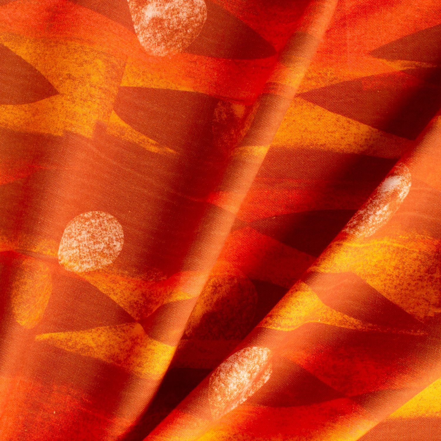 Iris Flame geometric fabric with angular forms and circles in orange on cotton-linen