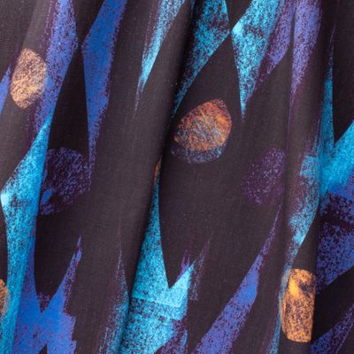 Iris River geometric fabric with angular forms and circles in blue on cotton-linen