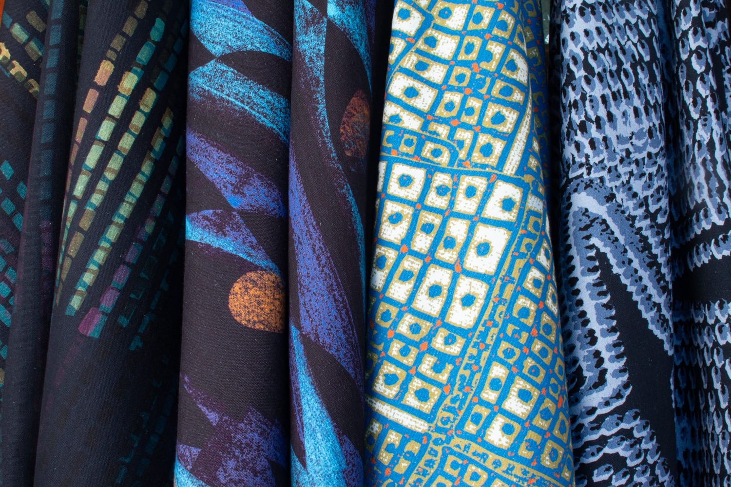 Ampli collection River colorway group showing Swan, Quiver, Pilot and Iris patterns in blue tones