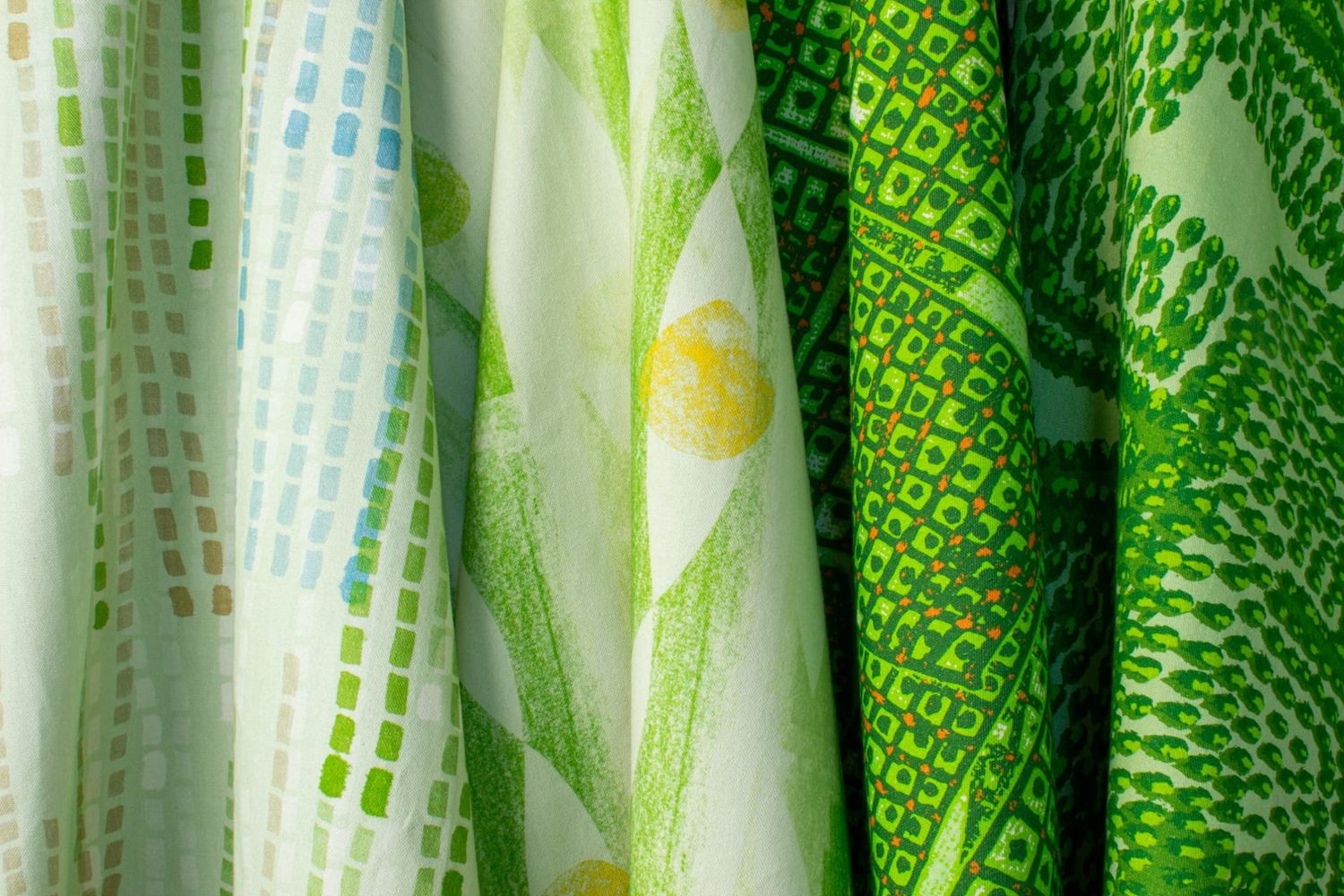 Ampli collection Leaf colorway group showing Swan, Quiver, Pilot and Iris patterns in green tones