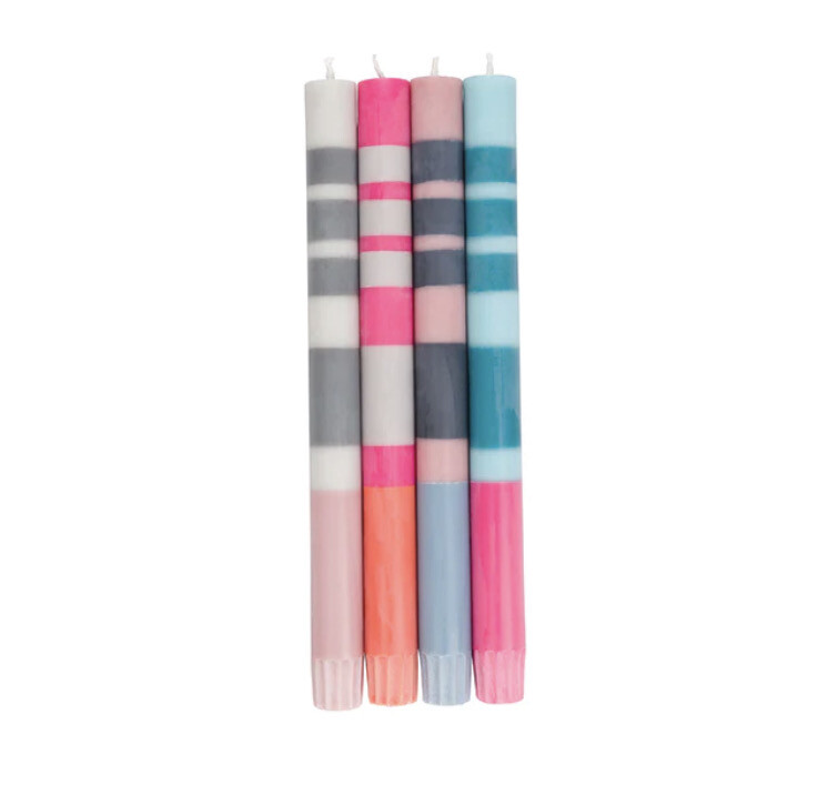 BRITISH COLOUR STANDARD Striped Pinks, Blues &amp; Greys Pack Eco Dinner Candles, Mixed Gift Box of 4
