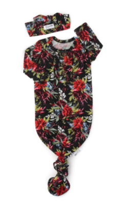Black Floral Ruffle Knotted Button Gown & Headband