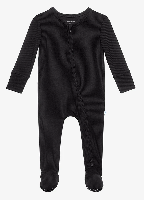 Ribbed Black - Footie Zippered One Piece