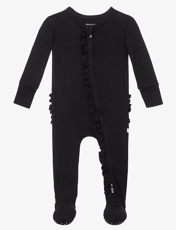 Ribbed Black - Footie Ruffled Zippered One Piece