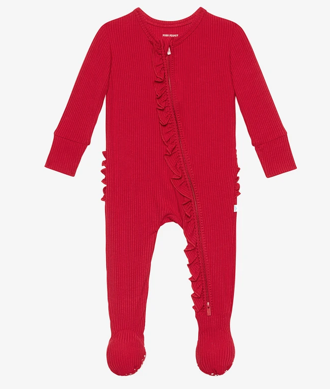 Ribbed Crimson - Footie Ruffled Zippered One Piece