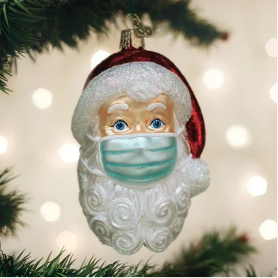 Santa with Face Mask Glass Ornament