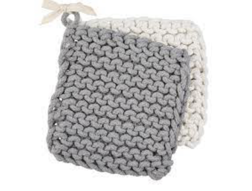 8" Square Cotton Crocheted Pot Holder W/Leather Loop 