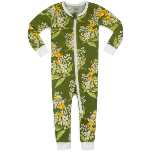 Green Floral Ruffle Zipper Footed Romper