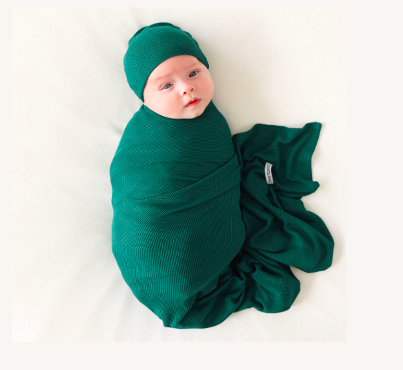 Hunter Green Waffle - Swaddle and Beanie Set