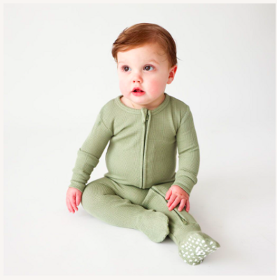 Olive Waffle- Footie Zippered One Piece