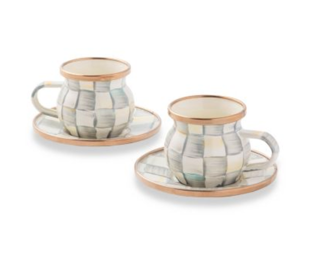 Sterling Check Enamel Espresso Cup &amp; Saucer Set