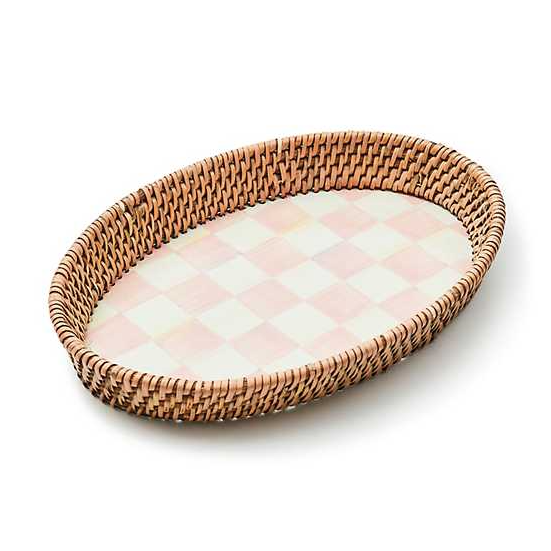 Rosy Check Small Enamel &amp; Rattan Serving Tray
