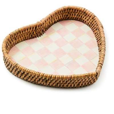 Rosy Check Enamel &amp; Rattan Heart Tray